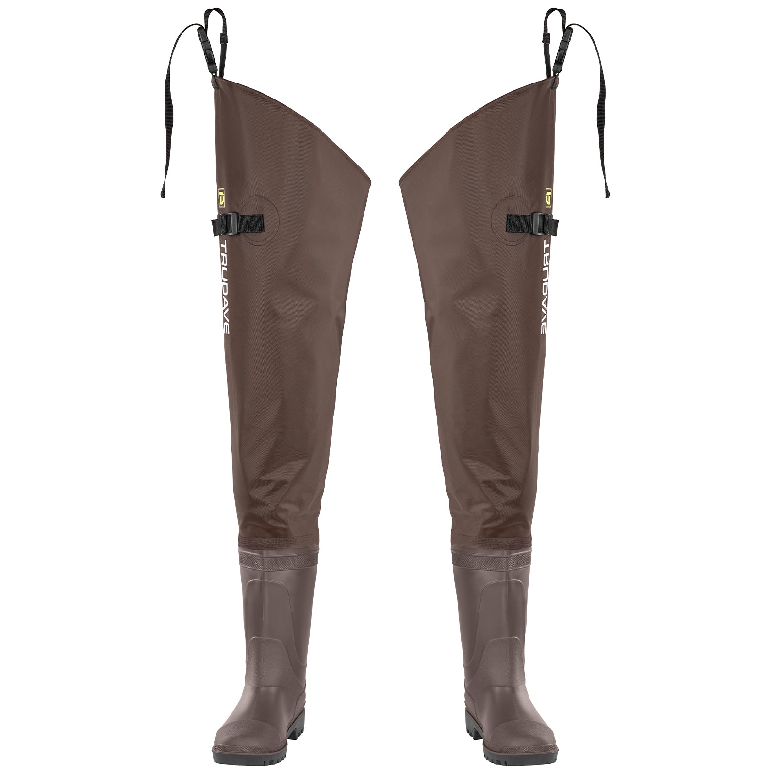 alt="Front view of Trudave StreamFlex Series Marsh Brown hip waterproof waders with boots showing durable waterproof fabric, reinforced seams, and integrated boot design for fishing and hunting use"
